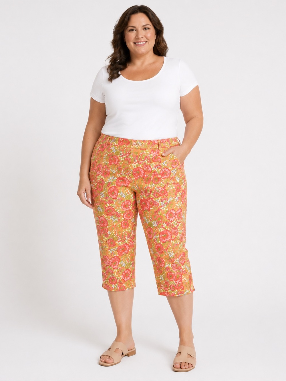 Floral Capri Pants Coral Pink Mustard Liz Claiborne 100% Cotton Petite 14P